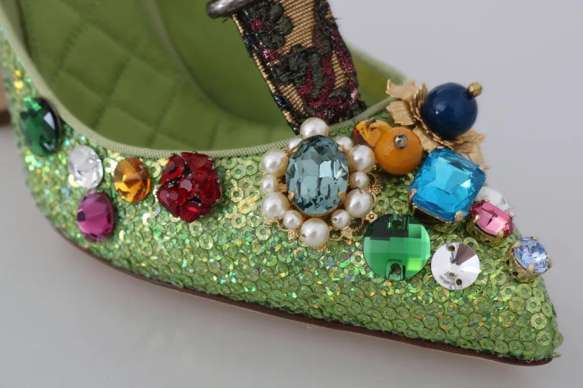 Green Sequin Leather Crystal Sandal