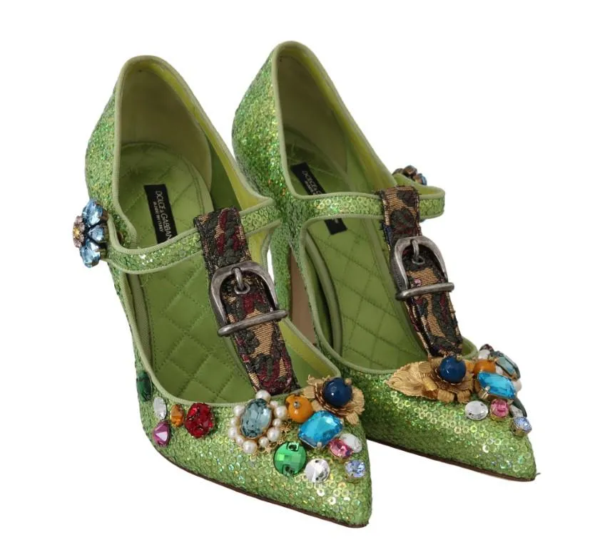 Green Sequin Leather Crystal Sandal