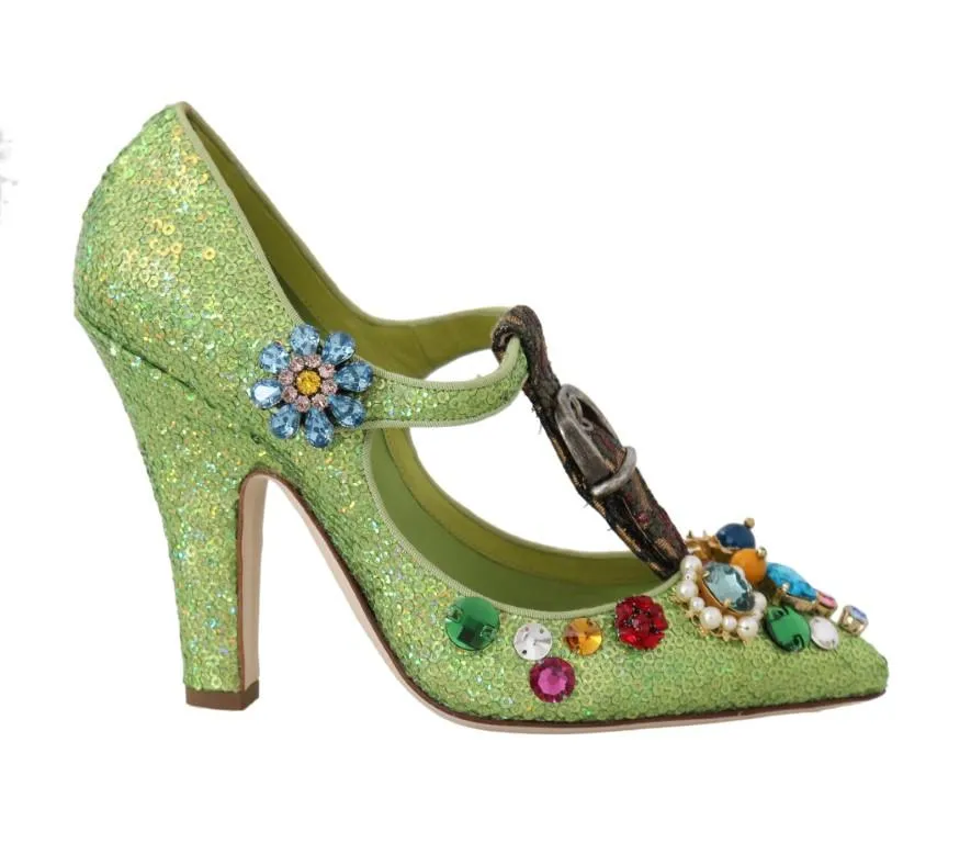 Green Sequin Leather Crystal Sandal