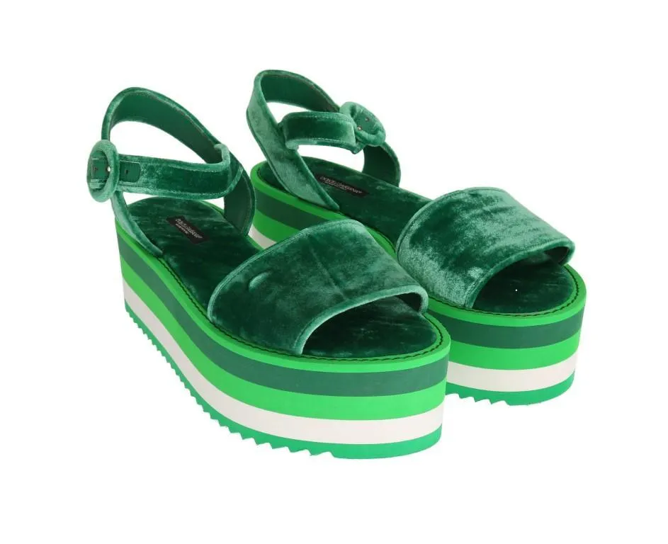 Green Velvet Platform Sandals Wedges