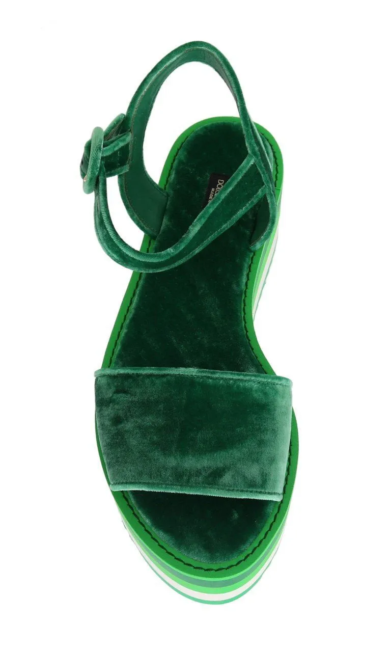 Green Velvet Platform Sandals Wedges
