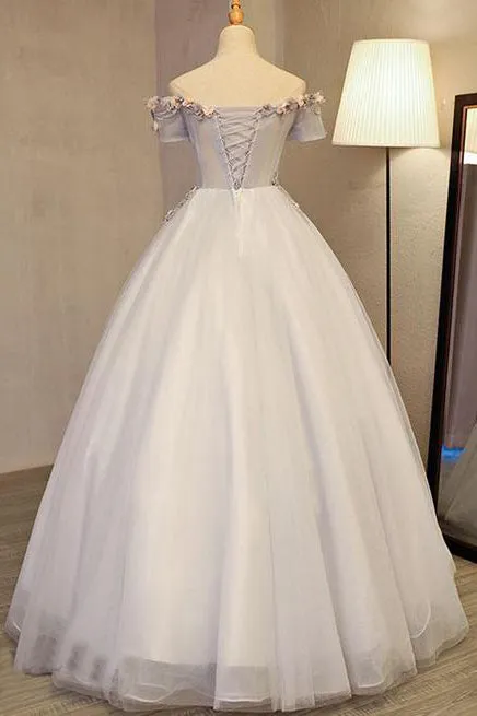 Grey Long Applique Off the Shoulder Tulle A-Line Prom Dresses OK875