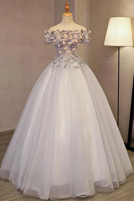 Grey Long Applique Off the Shoulder Tulle A-Line Prom Dresses OK875