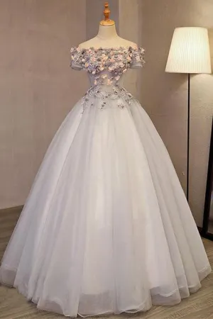 Grey Long Applique Off the Shoulder Tulle A-Line Prom Dresses OK875