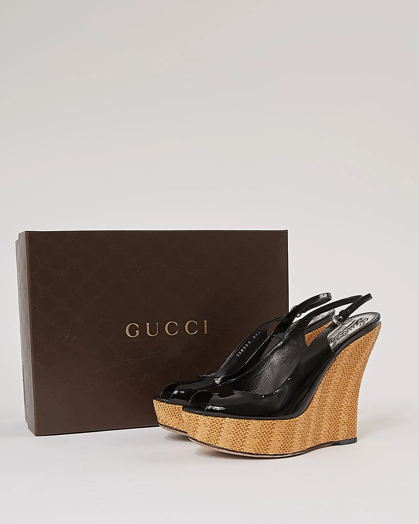 Gucci Black Patent Leather & Raffia Wedges - 37.5