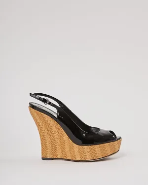 Gucci Black Patent Leather & Raffia Wedges - 37.5
