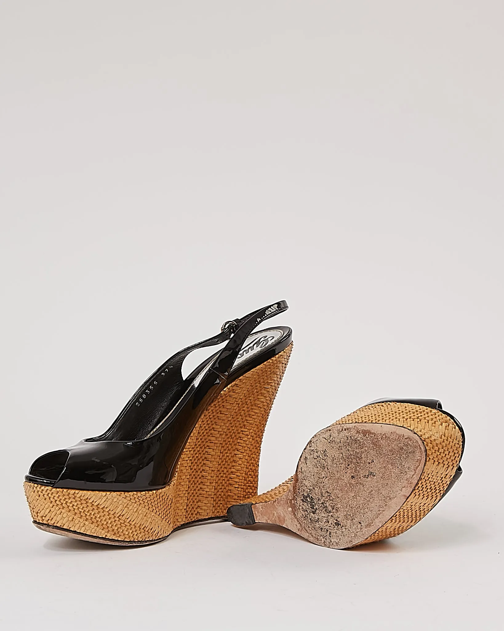 Gucci Black Patent Leather & Raffia Wedges - 37.5
