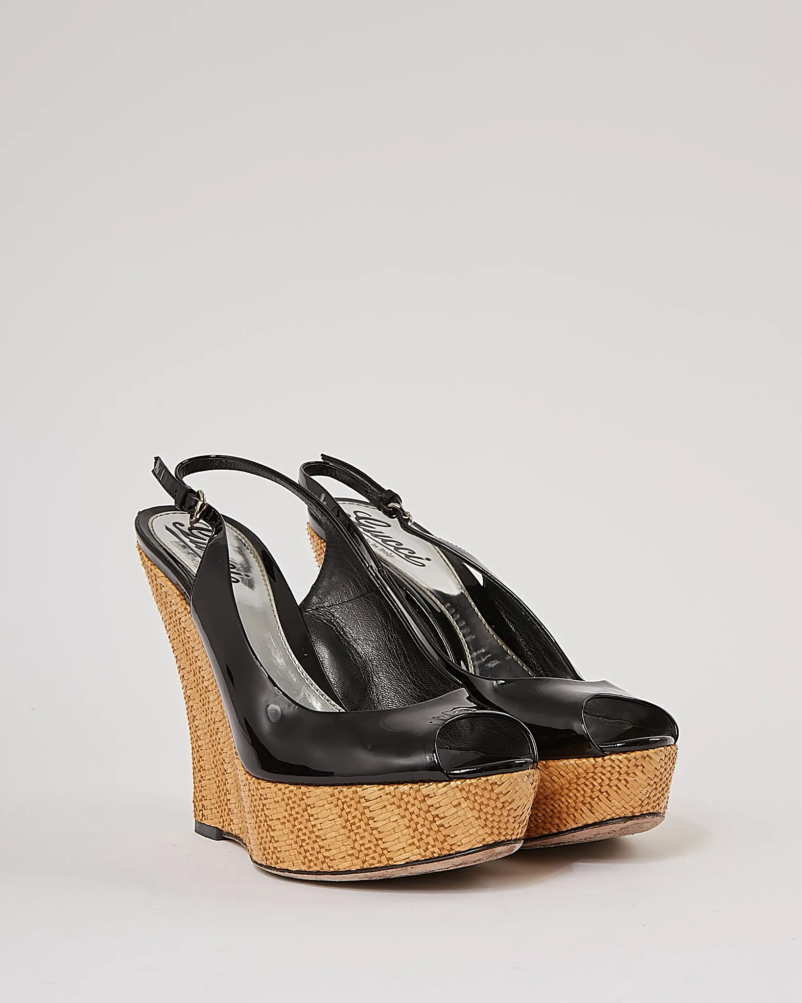 Gucci Black Patent Leather & Raffia Wedges - 37.5