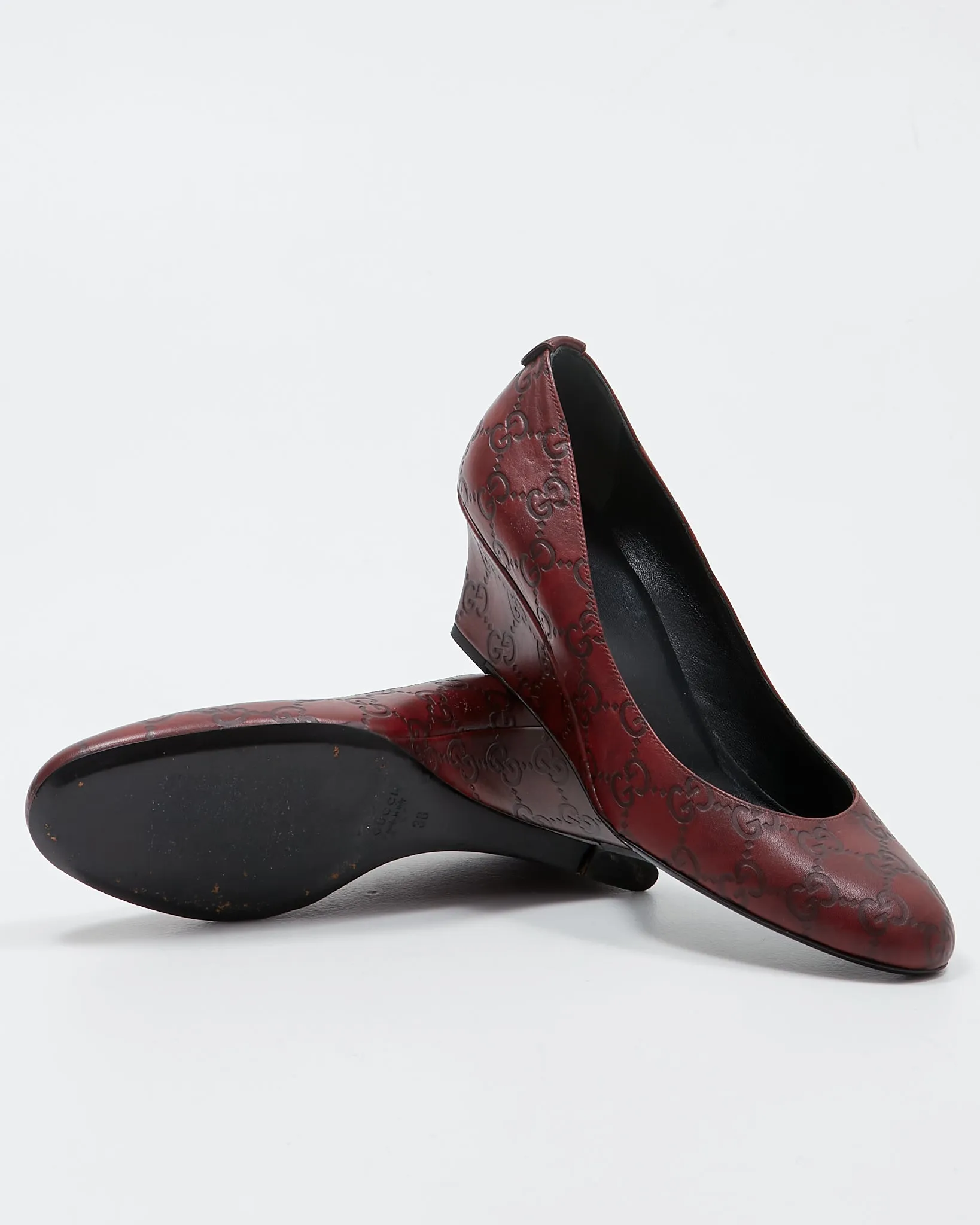 Gucci Burgundy Leather GG Supreme Wedges - 38