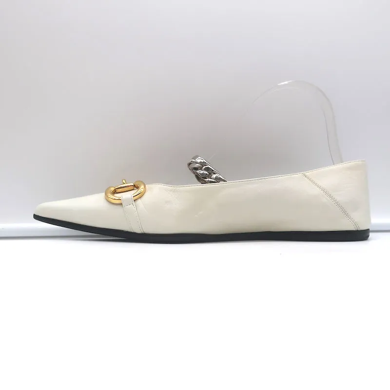 Gucci Deva Chain Strap Horsebit Ballet Flats Ivory Leather Size 39.5