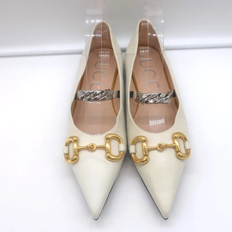 Gucci Deva Chain Strap Horsebit Ballet Flats Ivory Leather Size 39.5