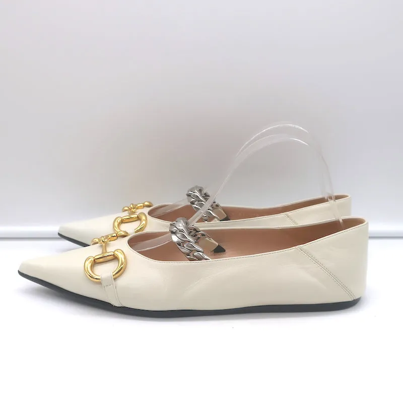 Gucci Deva Chain Strap Horsebit Ballet Flats Ivory Leather Size 39.5