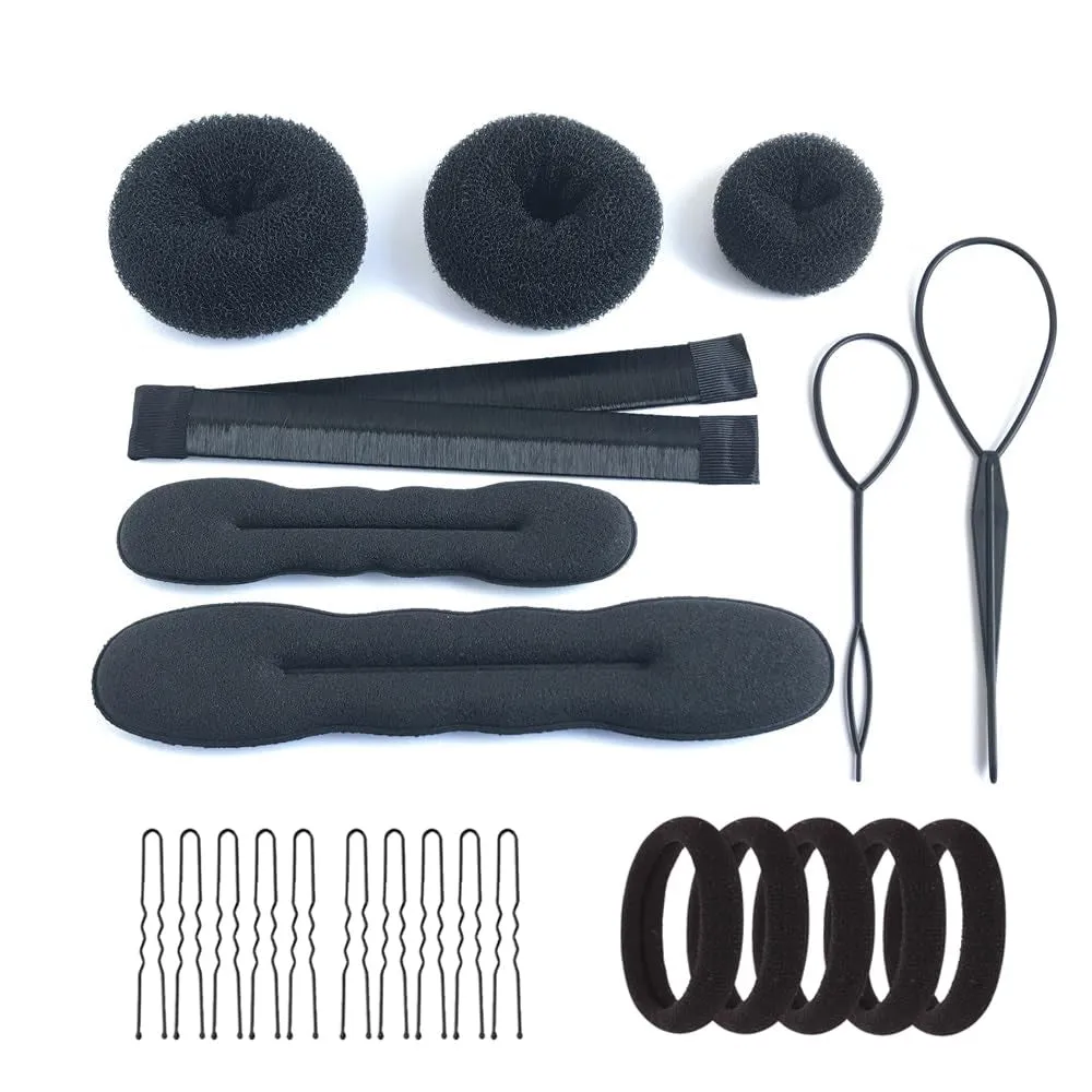 Hair Accessories Set - Foam Sponge Bun Shapers, Magic French Twist Clip, Snap Bun Makers, Elastic Bands, and Hair Pins (Brown)