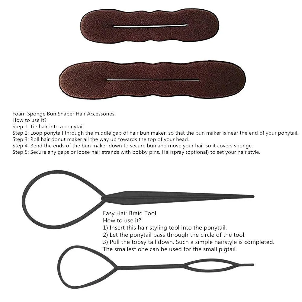 Hair Accessories Set - Foam Sponge Bun Shapers, Magic French Twist Clip, Snap Bun Makers, Elastic Bands, and Hair Pins (Brown)