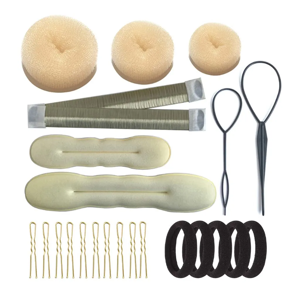 Hair Accessories Set - Foam Sponge Bun Shapers, Magic French Twist Clip, Snap Bun Makers, Elastic Bands, and Hair Pins (Brown)