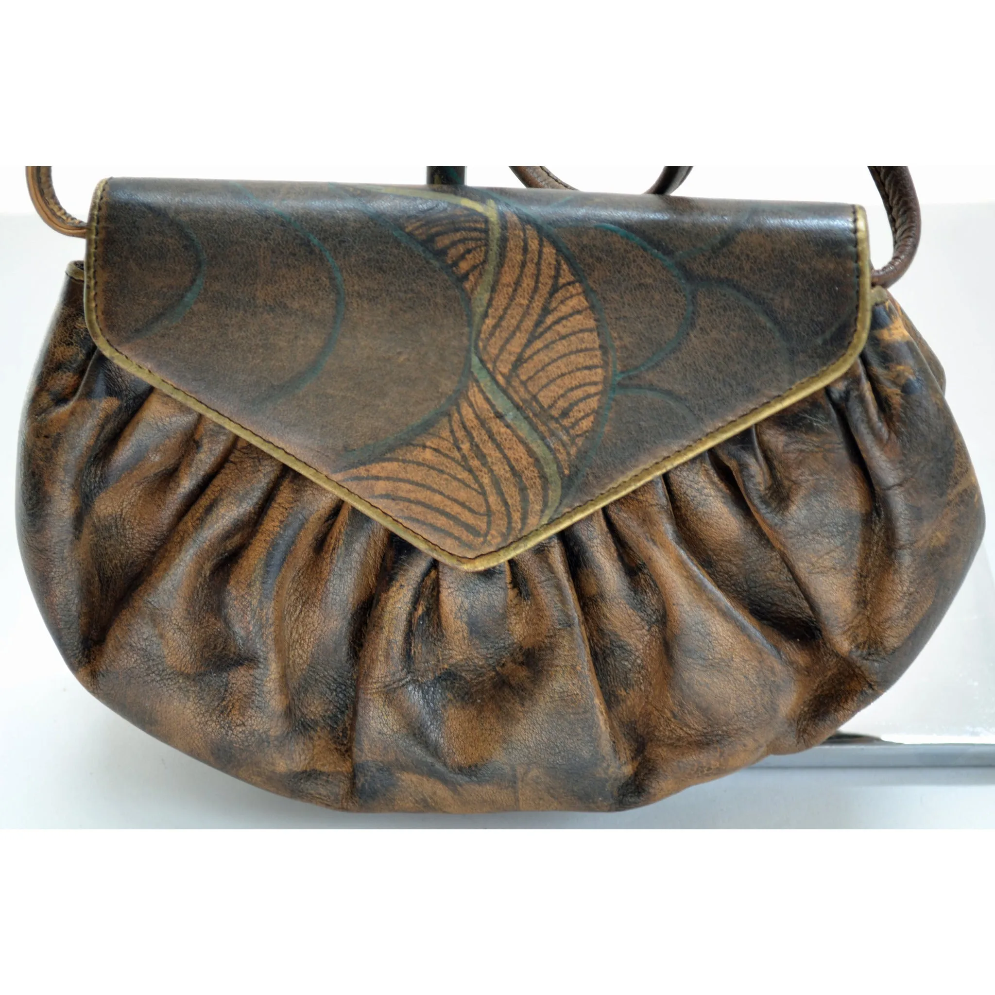 Handpainted Leather Shoulder Purse By Jane Yoo 1980's