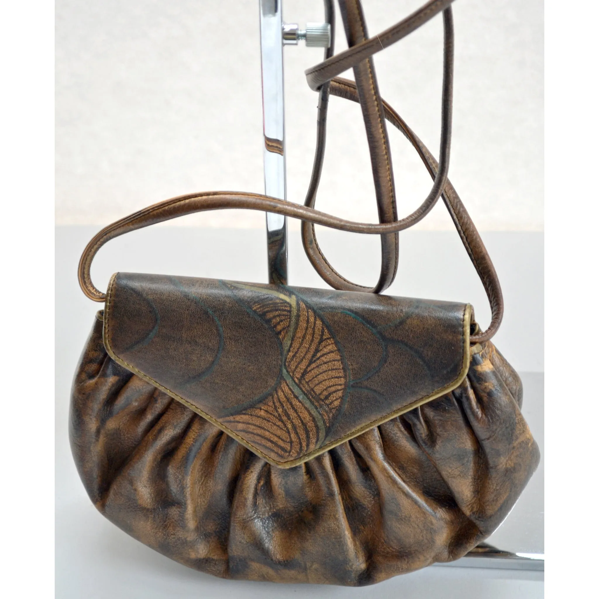 Handpainted Leather Shoulder Purse By Jane Yoo 1980's