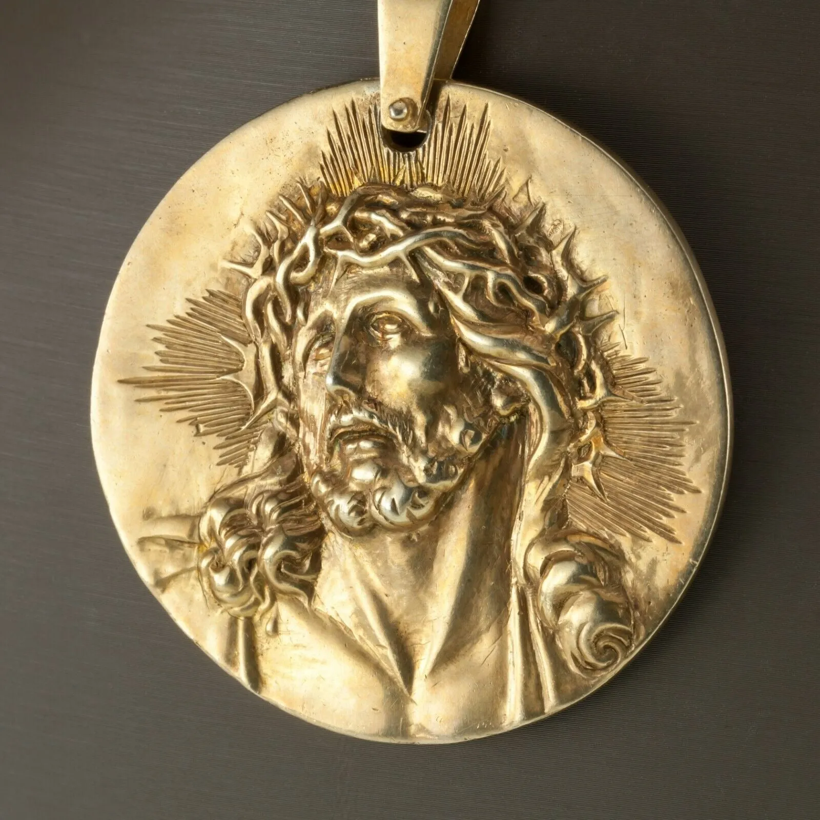 High Relief Portrait Pendant of Jesus Christ in Bronze Signed Barrientos