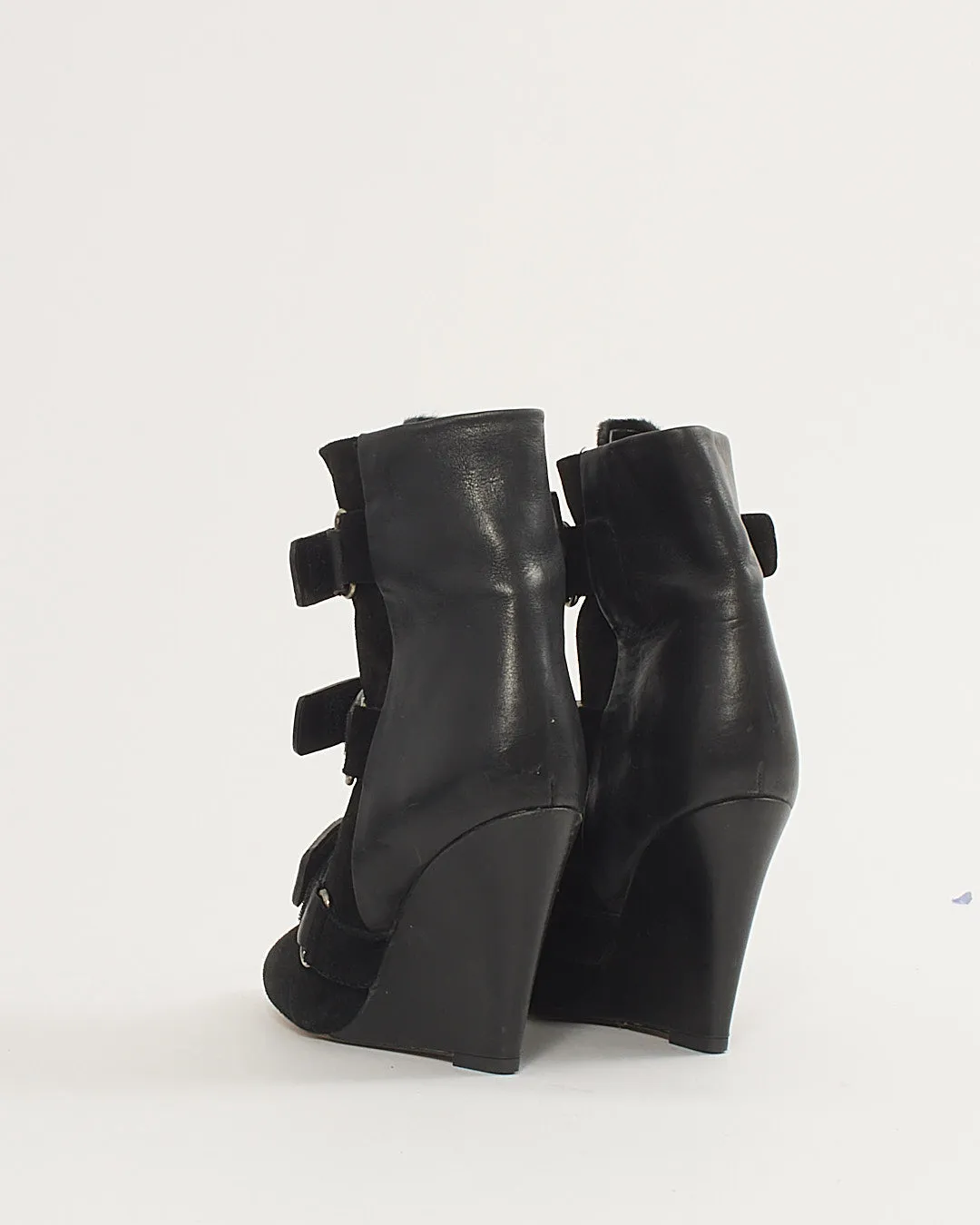 Isabel Marant Black Leather and Pony Fur Velcro Wedge Booties - 39