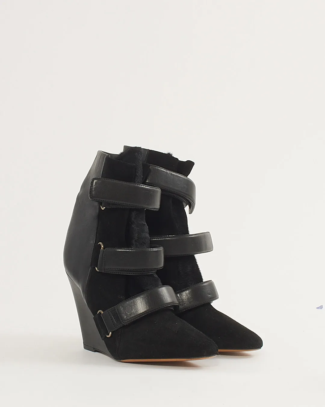 Isabel Marant Black Leather and Pony Fur Velcro Wedge Booties - 39