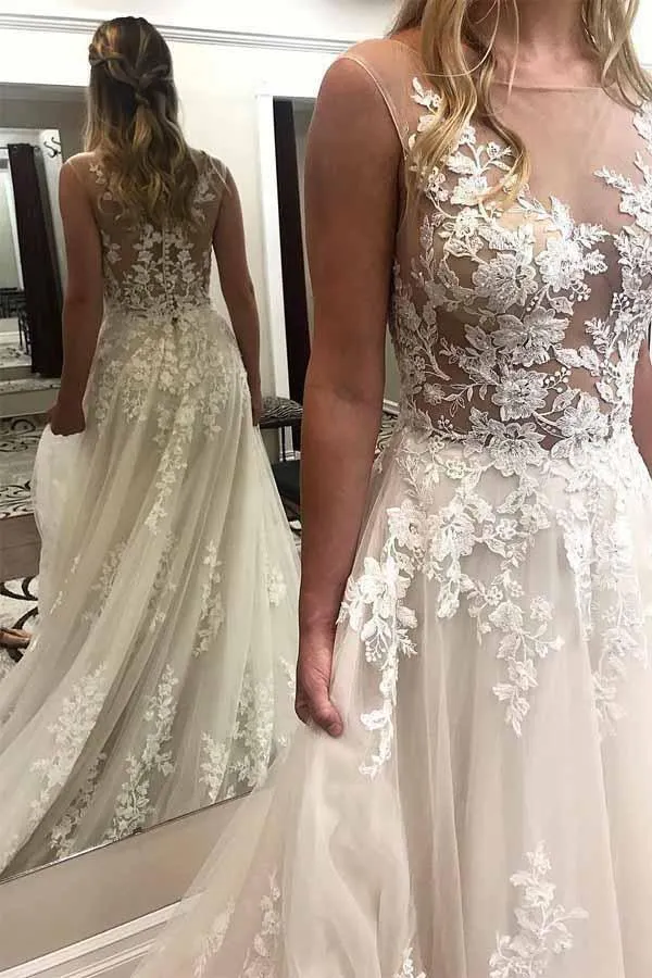 Ivory Lace Wedding Dresses See Through Applique with Court Train WD296