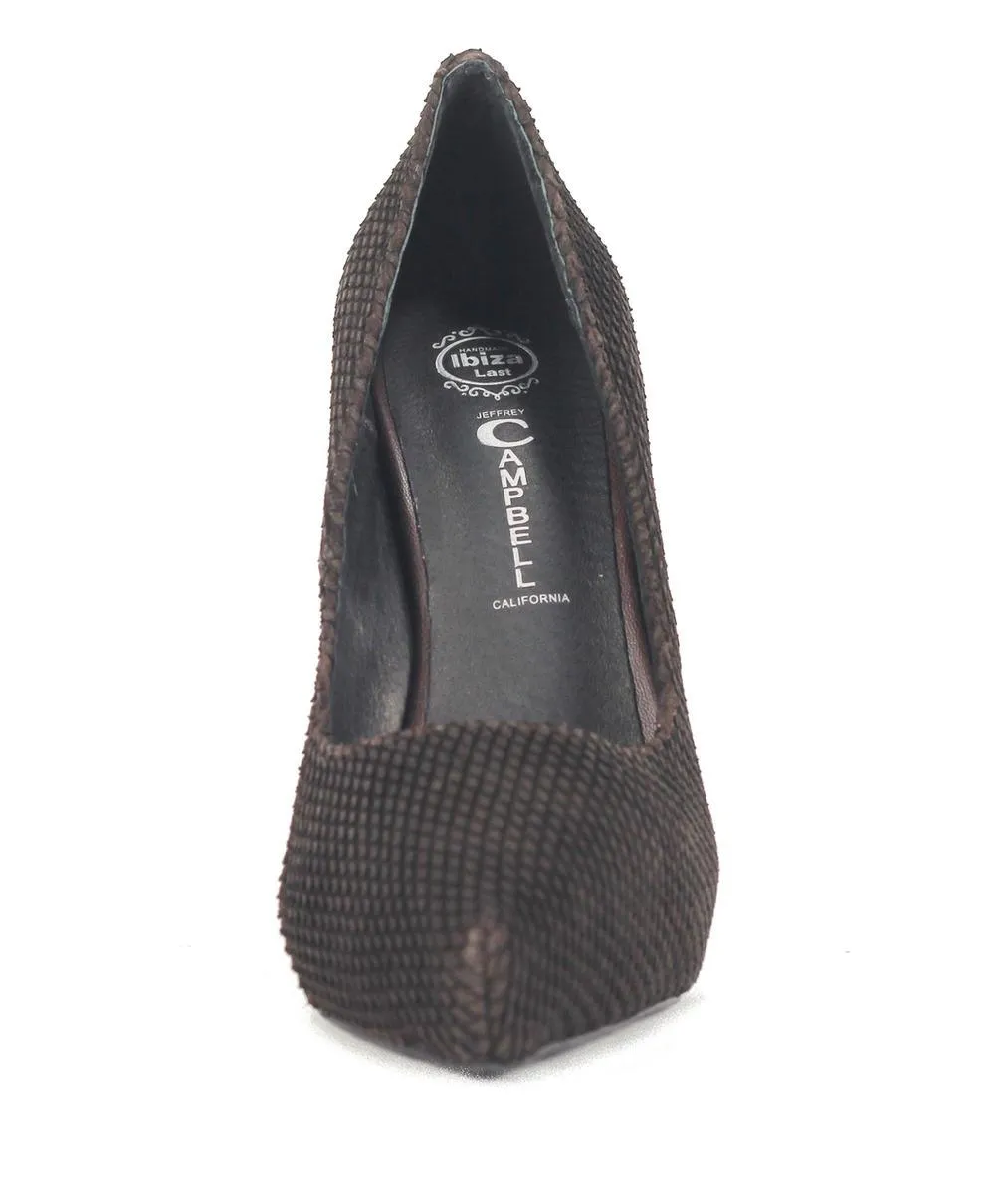 Jeffrey Campbell: Ouzel Dark Brown Embossed Print High Heels