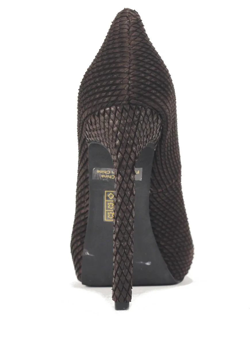 Jeffrey Campbell: Ouzel Dark Brown Embossed Print High Heels