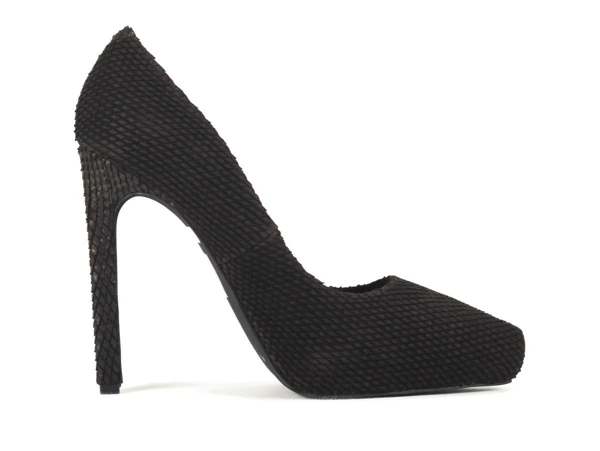 Jeffrey Campbell: Ouzel Dark Brown Embossed Print High Heels