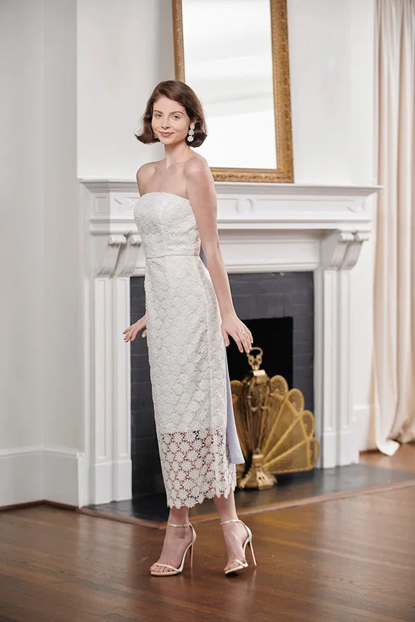 Kara Strapless White Lace Tea Length Rehearsal Dinner and Wedding Dress