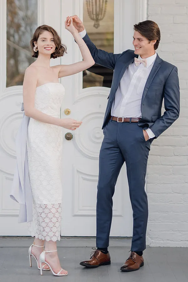 Kara Strapless White Lace Tea Length Rehearsal Dinner and Wedding Dress