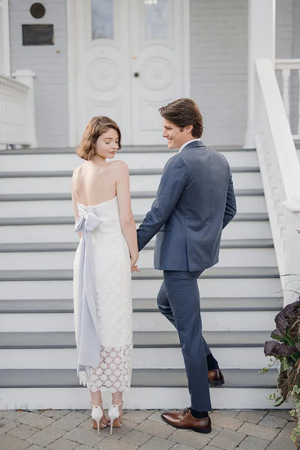 Kara Strapless White Lace Tea Length Rehearsal Dinner and Wedding Dress