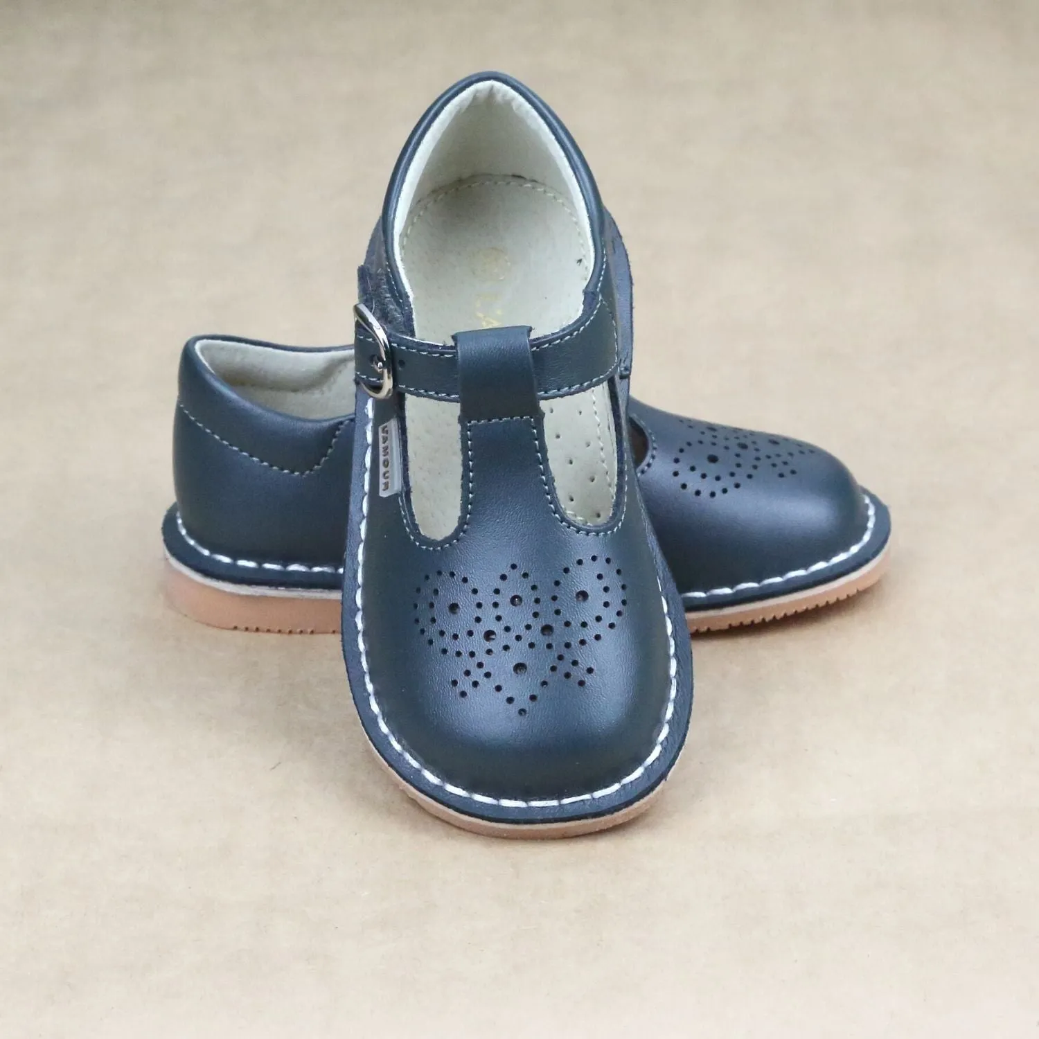 L'Amour Girls Perforated Pattern T-Strap Stitch Down Mary Jane