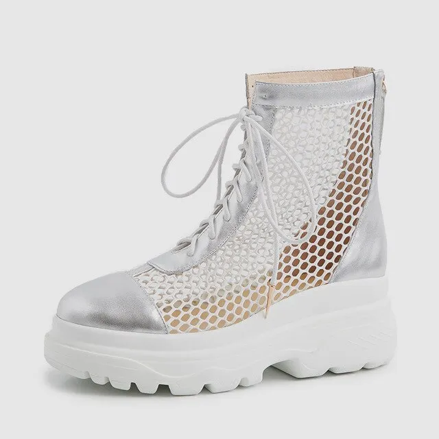 Large Size 33-42 Luxury Genuine Leather Women Summer Mesh Boots Summer Sandals Wedges Dad Platform Shoes Woman