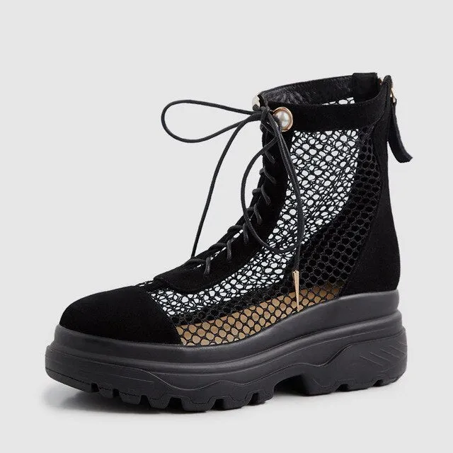 Large Size 33-42 Luxury Genuine Leather Women Summer Mesh Boots Summer Sandals Wedges Dad Platform Shoes Woman