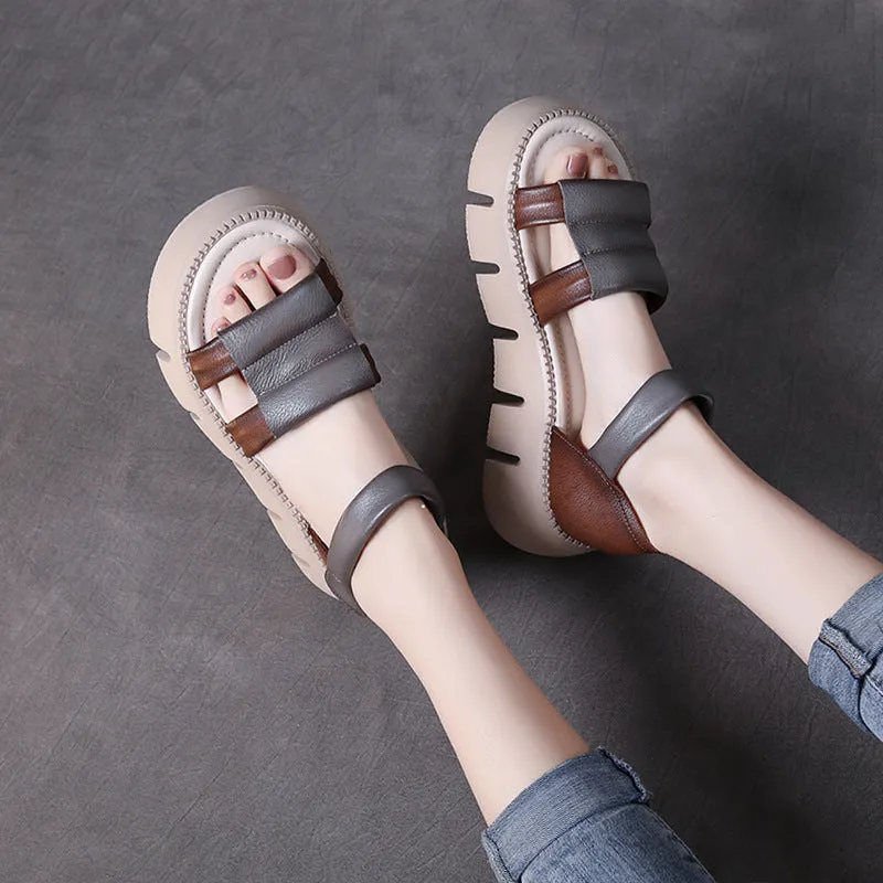 Leather Thick Sole Open Toe Roman Sandals Women Summer Casual Wedge Shoes