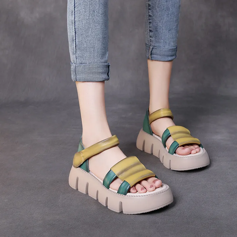 Leather Thick Sole Open Toe Roman Sandals Women Summer Casual Wedge Shoes