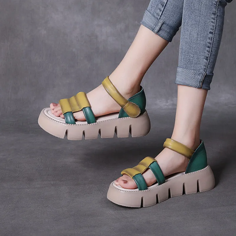 Leather Thick Sole Open Toe Roman Sandals Women Summer Casual Wedge Shoes