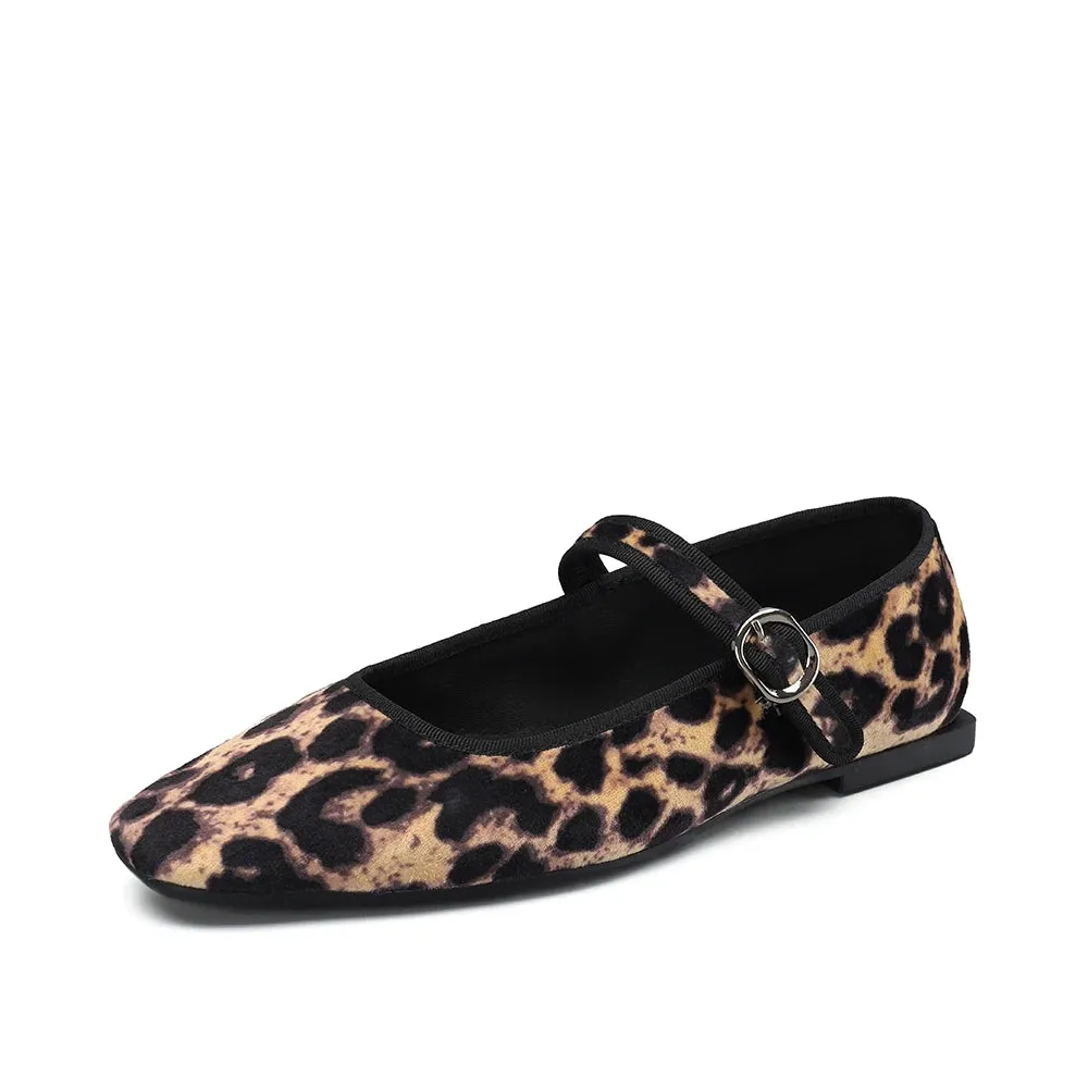 Leopard Print Velvet Mary Jane Flats  Comfortable Round Toe Shoes