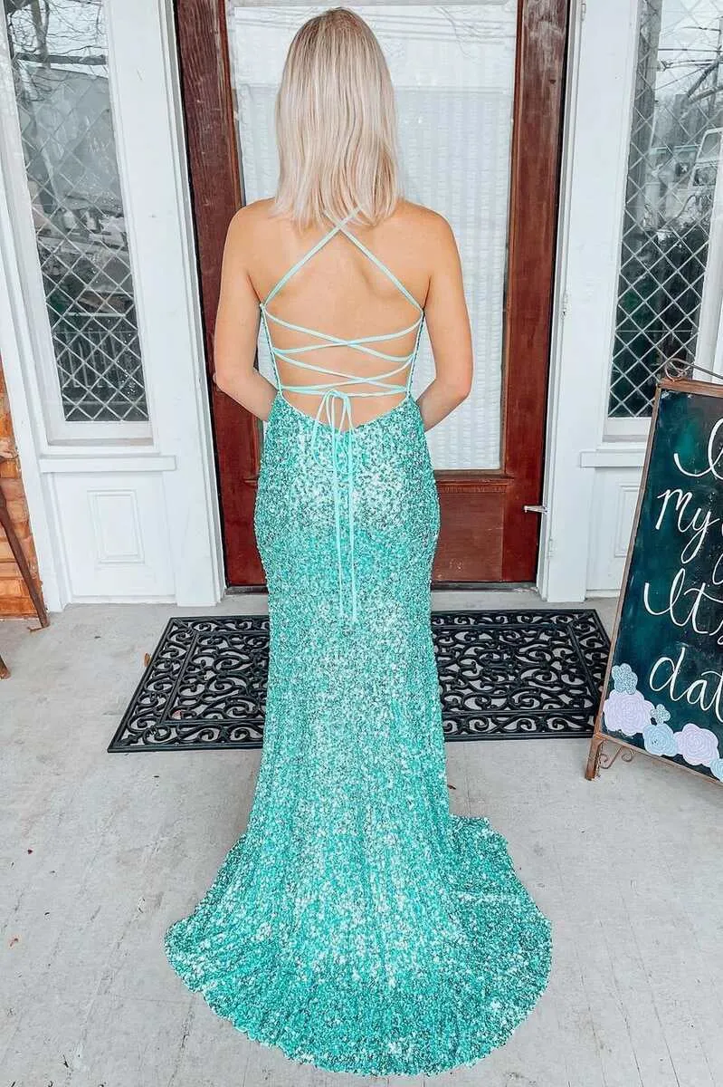 Light Jade Sequin V-Neck Lace-Up Back Mermaid Long Prom Dress  Evening Dress OK1690