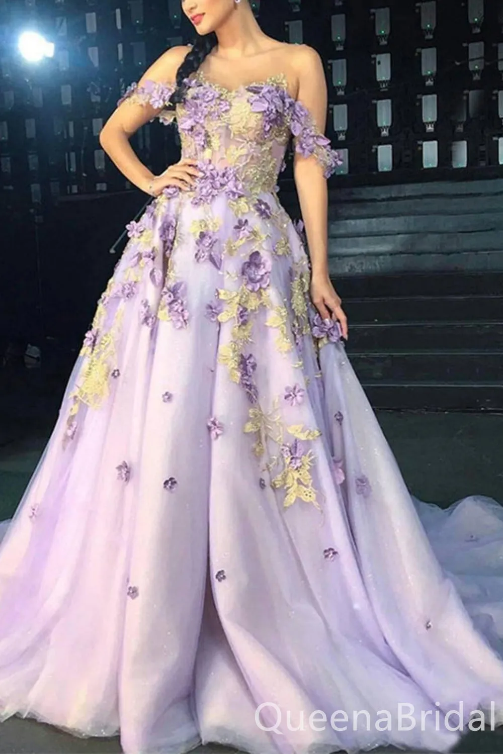 Lilac Flower Appliques A-line Off-the-shoulder Evening Gown Long Evening Party Prom Dresses,WGP1233