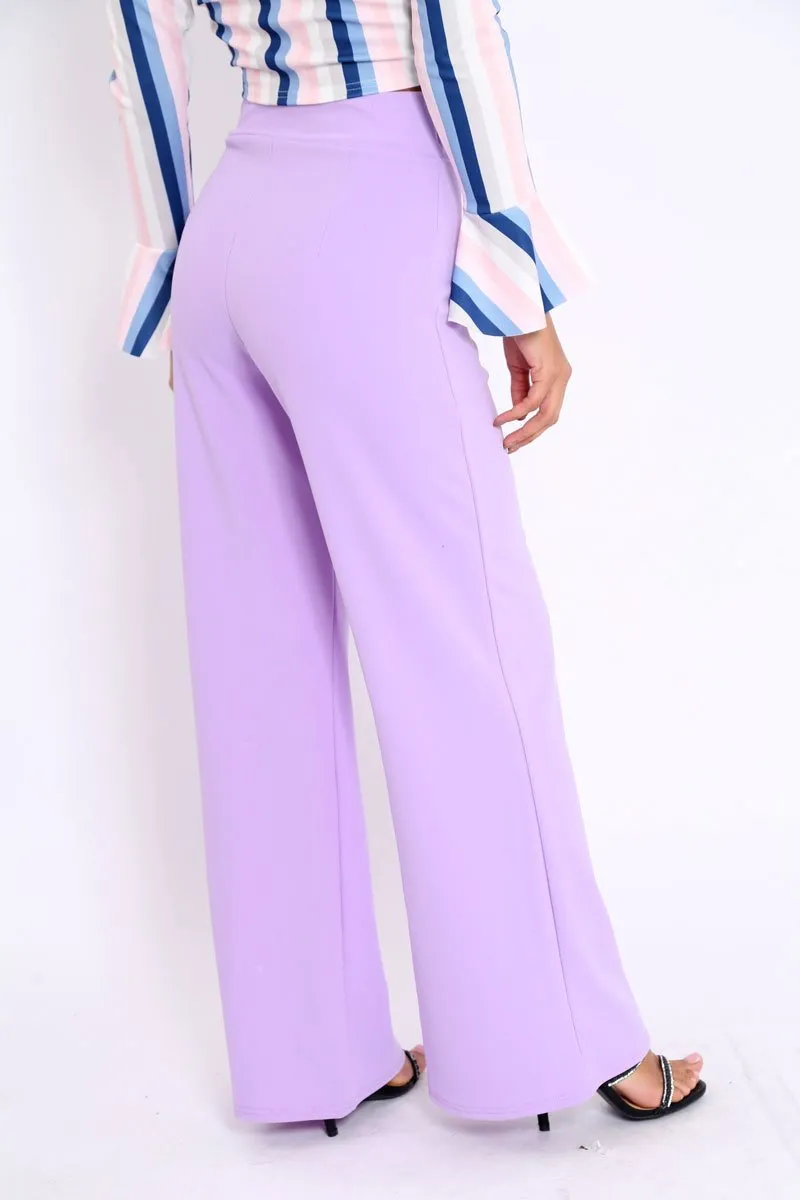 Lilac High Waist Wide Leg Trousers with Buckle - Monico