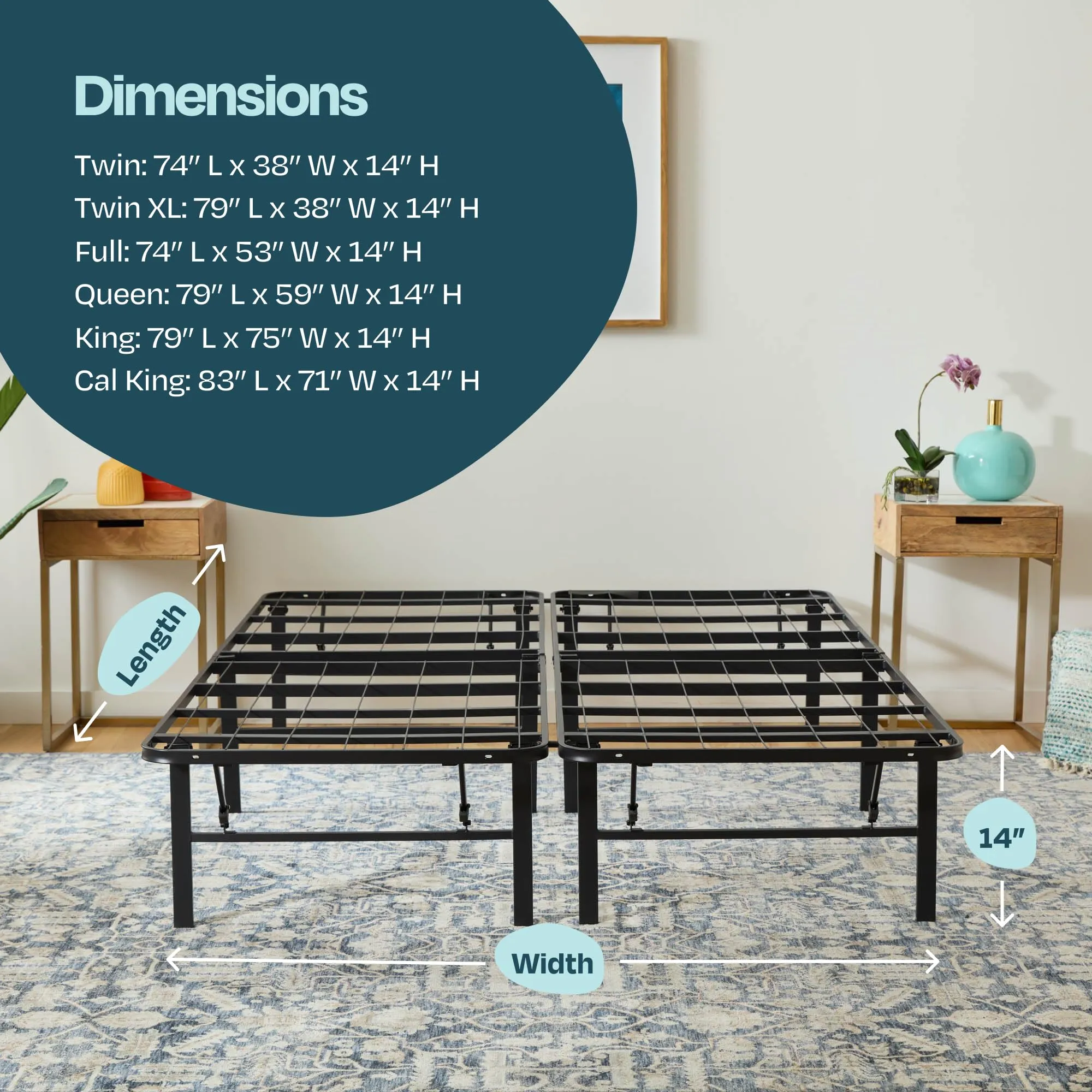 Linenspa Folding Metal Platform Bed Frame - No Box Spring Needed - Underbed Storage - Simple Tool Free Assembly - Mattress Foundation - 14" High - Traditional Design - Sturdy Steel - Twin Si