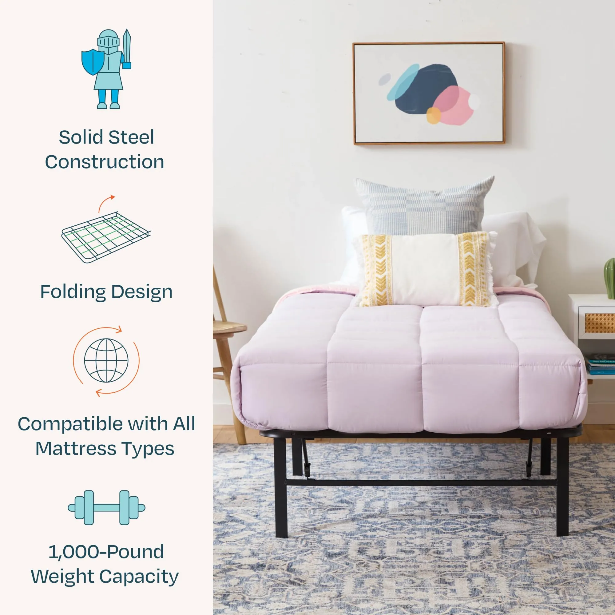 Linenspa Folding Metal Platform Bed Frame - No Box Spring Needed - Underbed Storage - Simple Tool Free Assembly - Mattress Foundation - 14" High - Traditional Design - Sturdy Steel - Twin Si