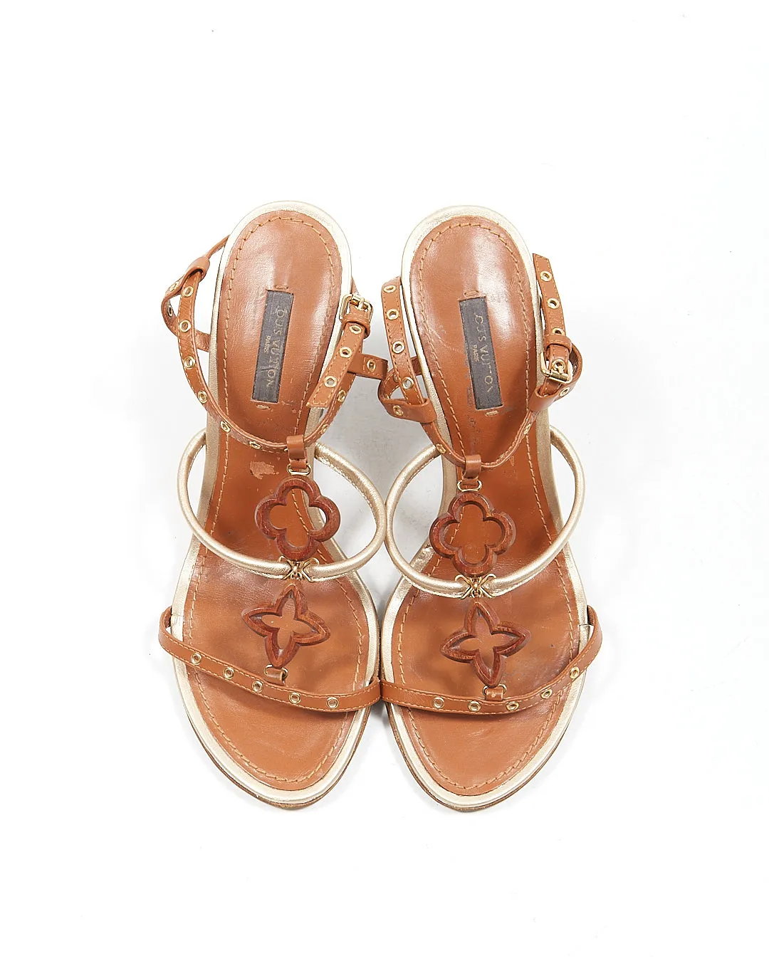 Louis Vuitton Brown/Metallic Logo Wooden Wedges Heel - 37.5