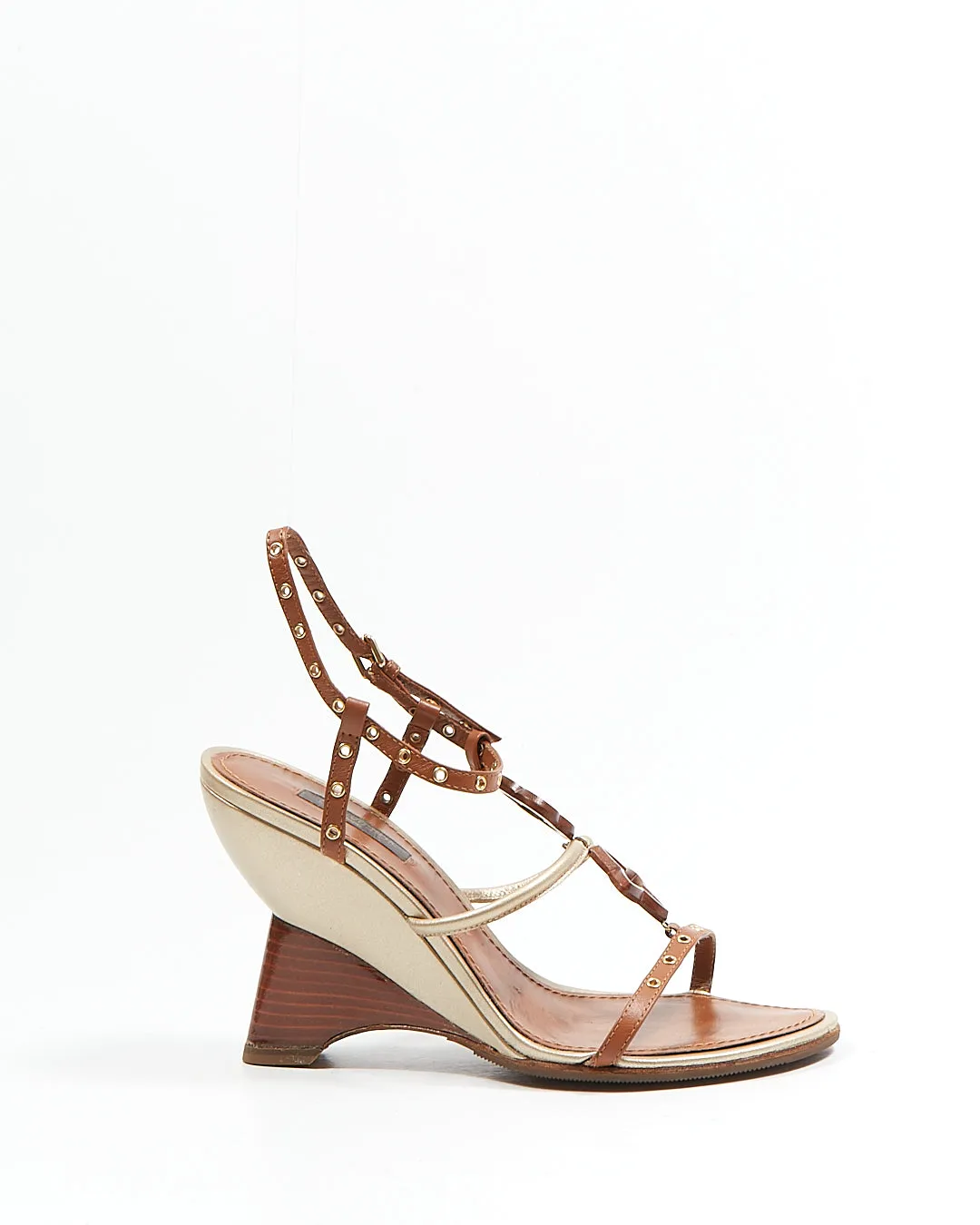 Louis Vuitton Brown/Metallic Logo Wooden Wedges Heel - 37.5