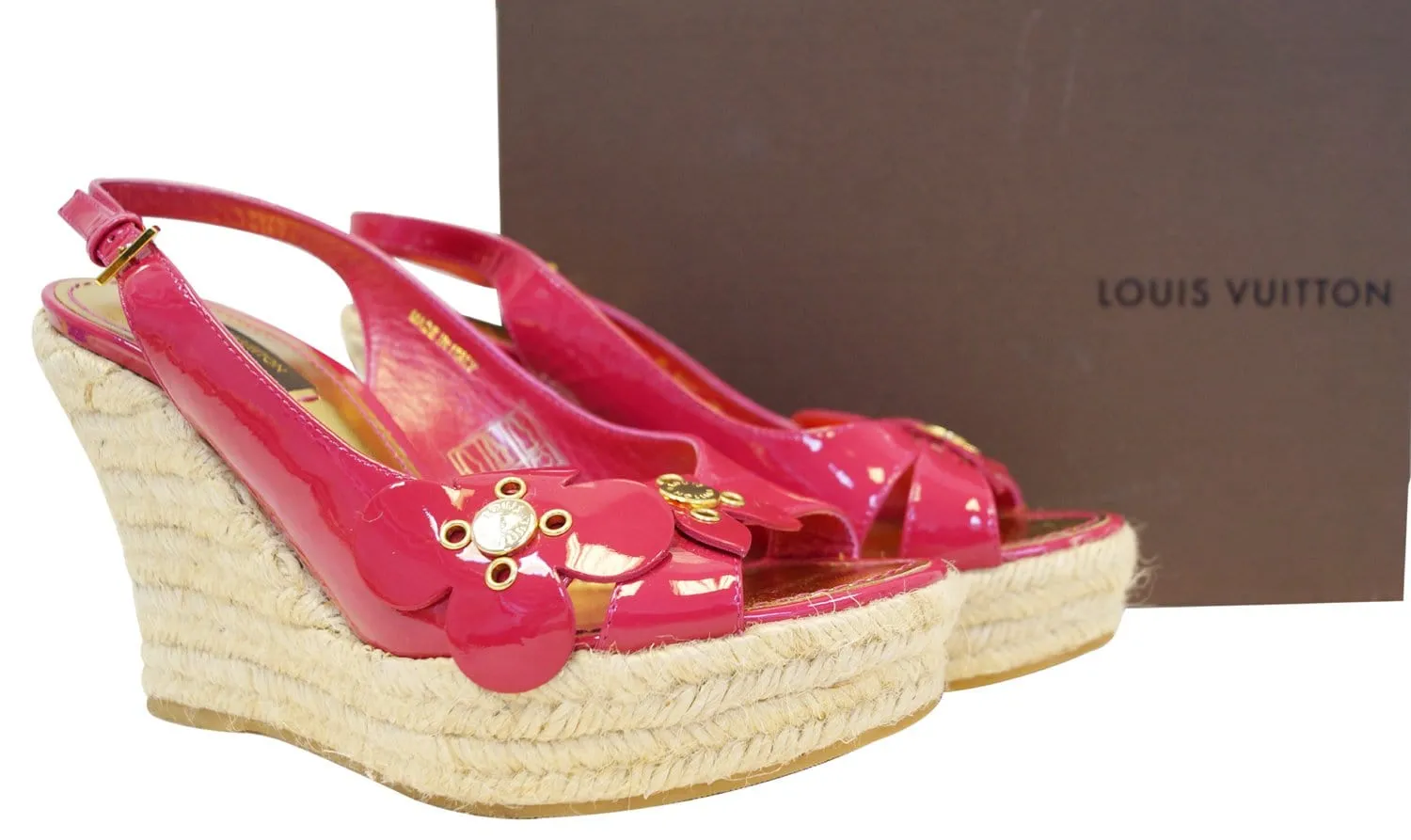 LOUIS VUITTON Patent Leather Floral Embellished Espadrille Wedges - Sale