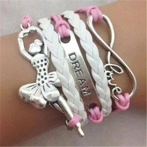 Love, Infinity, Ballet, Key, Pink & White Silver Friendship Bracelet