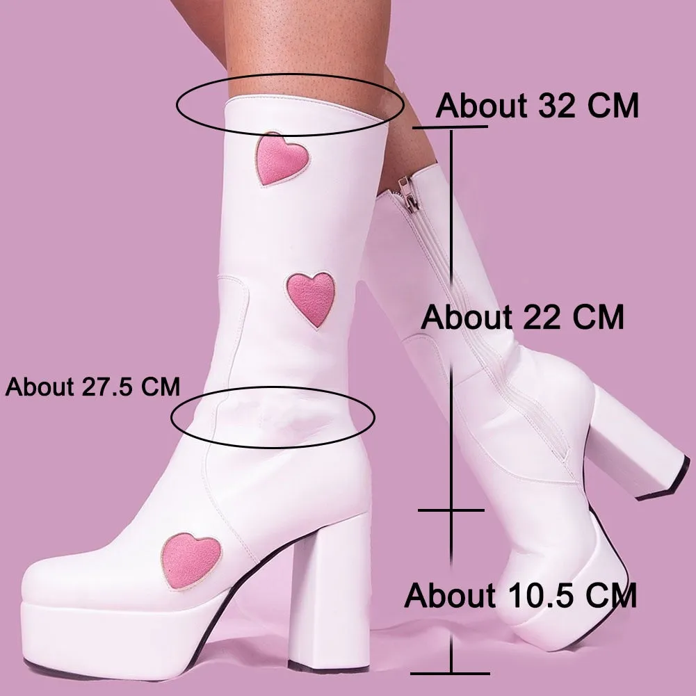 Love Knee High Platform Chunky High Heels Heart Print Boot