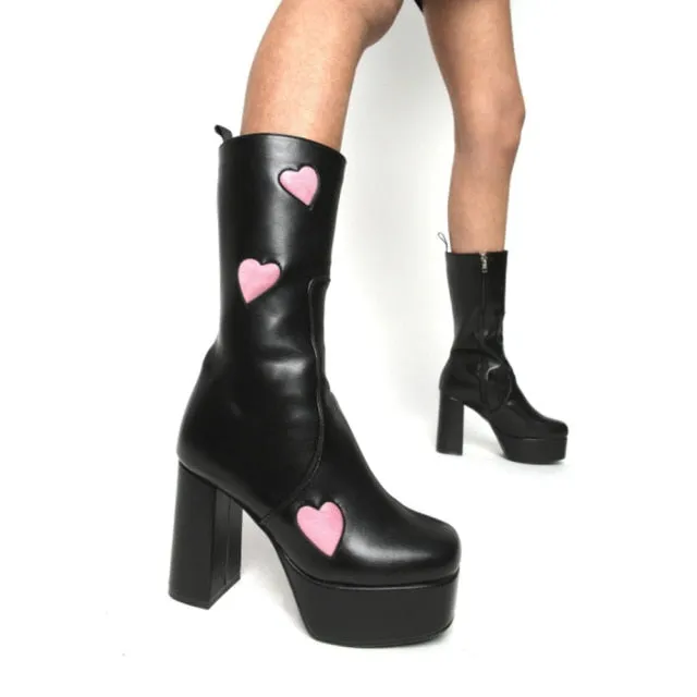Love Knee High Platform Chunky High Heels Heart Print Boot