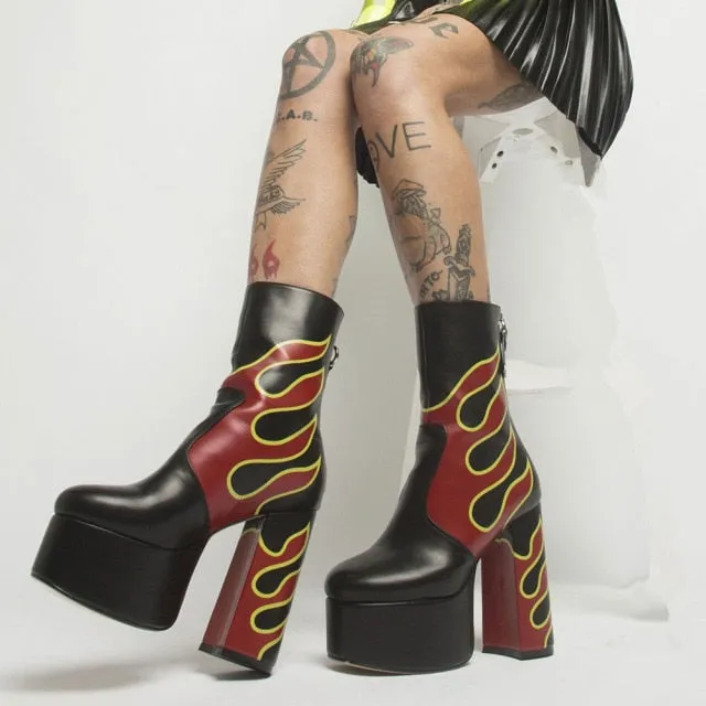 Love Knee High Platform Chunky High Heels Heart Print Boot